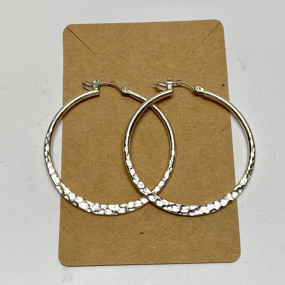 Silver Tone Hoop Earrings 2" Round Elegant Hammered Fashion Pierced Ear Jewelry